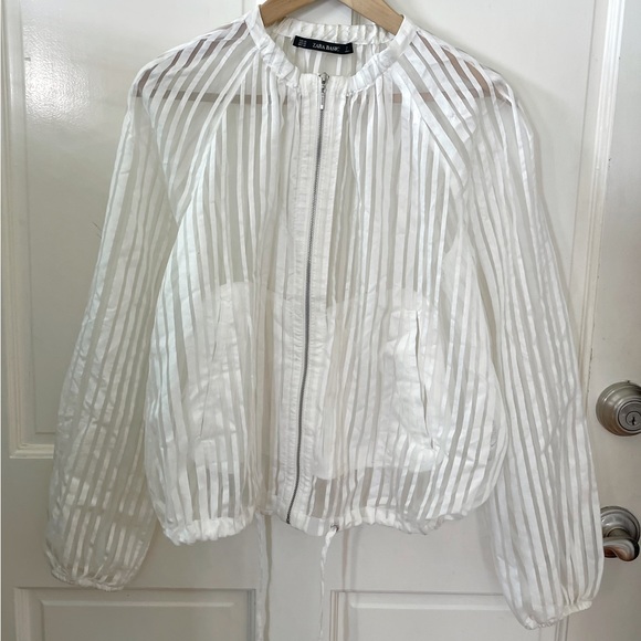 Zara Basic Women White Sheer Striped Jacket - Picture 4 of 11